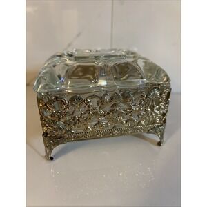 Victorian Style Brass Vanity Trinket Pressed Glass Footed Jewelry Lidded Box
